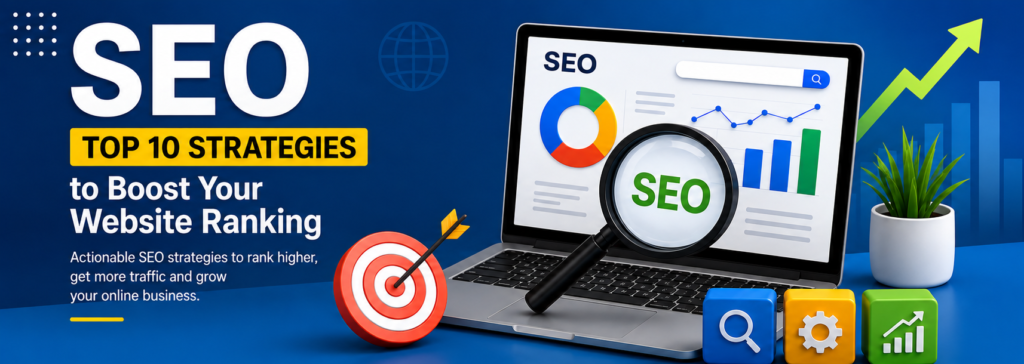 Modern SEO featured image showing a laptop with SEO analytics, search icon, growth charts, target symbol, and the top 10 SEO strategies to improve website rankings, organic traffic, and online visibility.