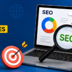 Modern SEO featured image showing a laptop with SEO analytics, search icon, growth charts, target symbol, and the top 10 SEO strategies to improve website rankings, organic traffic, and online visibility.