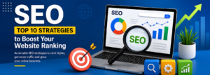 Modern SEO featured image showing a laptop with SEO analytics, search icon, growth charts, target symbol, and the top 10 SEO strategies to improve website rankings, organic traffic, and online visibility.