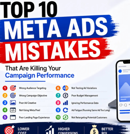 Illustration showing the top 10 Meta Ads mistakes