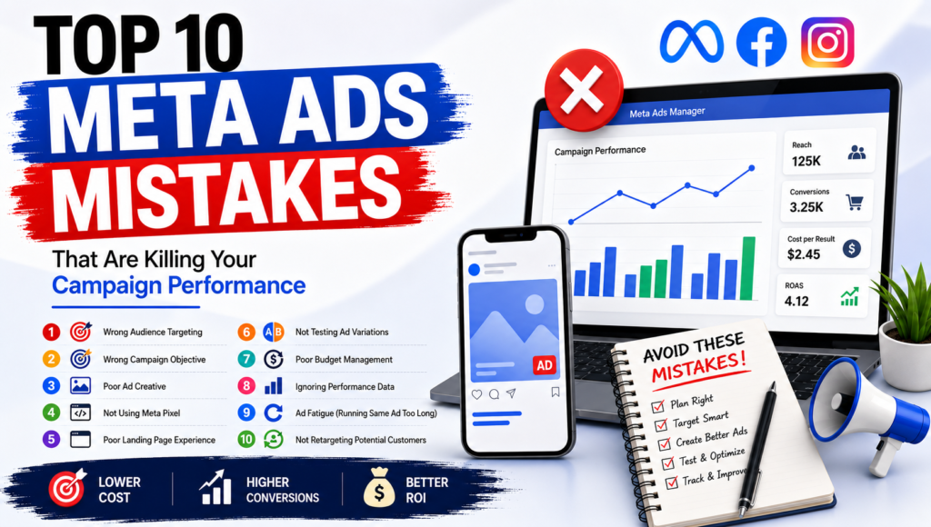 Illustration showing the top 10 Meta Ads mistakes with Facebook and Instagram advertising analytics, audience targeting, and campaign optimization.