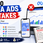Illustration showing the top 10 Meta Ads mistakes with Facebook and Instagram advertising analytics, audience targeting, and campaign optimization.