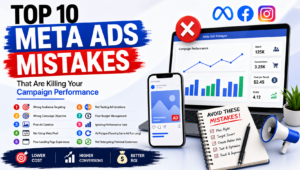 Illustration showing the top 10 Meta Ads mistakes with Facebook and Instagram advertising analytics, audience targeting, and campaign optimization.
